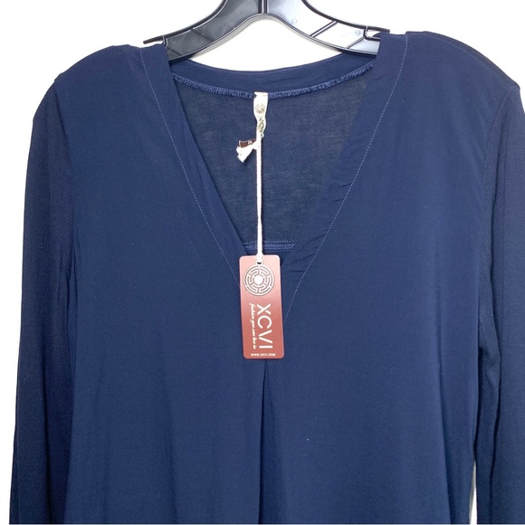 XCVI Navy V Neck Long Sleeve Blouse - Picture 2 of 6